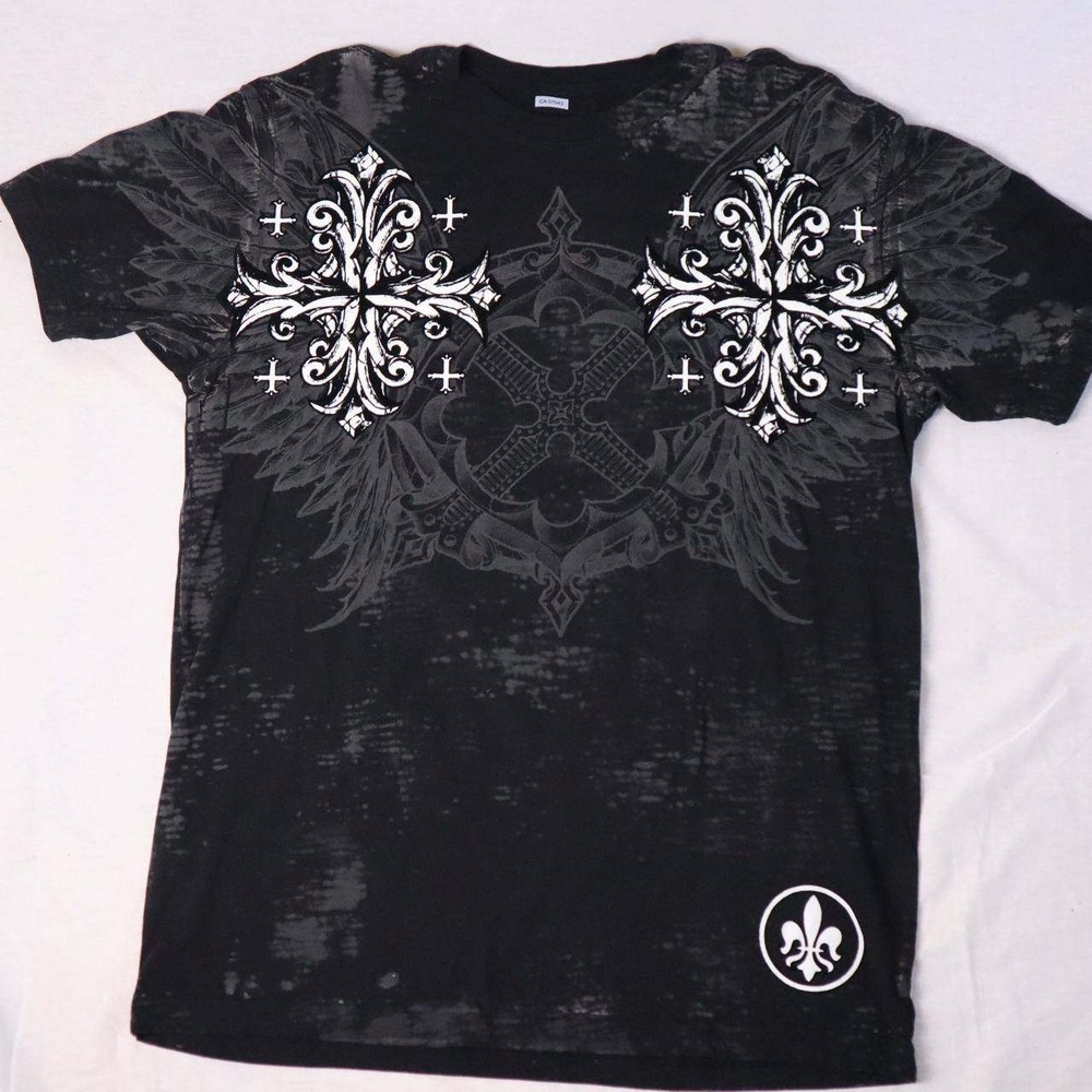 Xtreme Couture T Shirt‎ Mens XL Black Graphic Print Cross Fleur Burnout